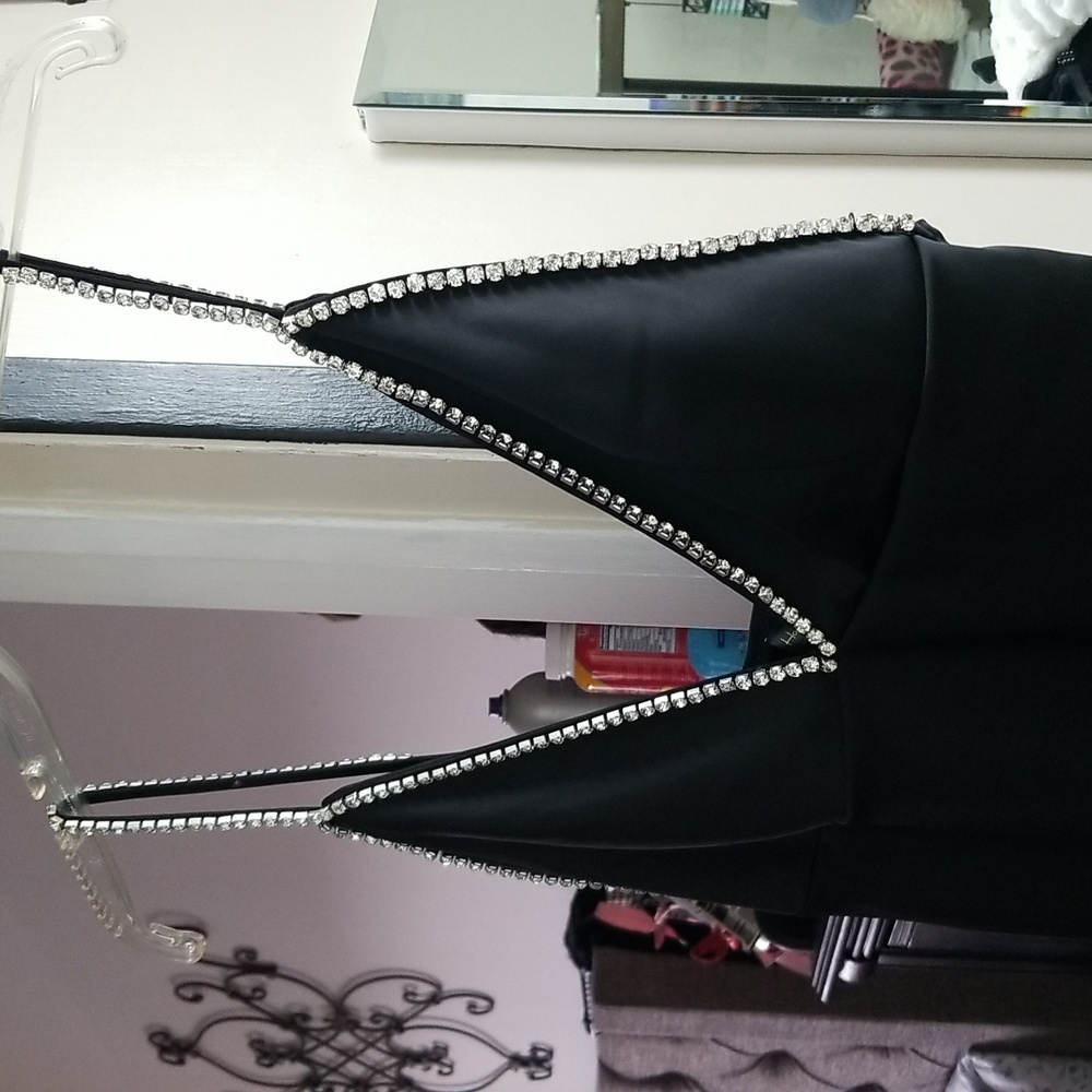 House of Harlor 1960 black satin dress with rhinestones..